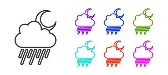 Black line Cloud with rain and moon icon isolated on white background. Rain cloud precipitation with rain drops. Set icons colorful. Vector.