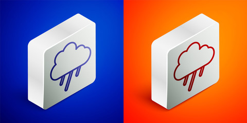 Isometric line Cloud with rain icon isolated on blue and orange background. Rain cloud precipitation with rain drops. Silver square button. Vector.