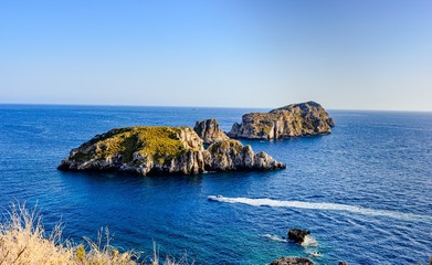Santa Ponsa, Mallorca, Spain. View on the sea with boats, sailboats, mountains, blue sky.