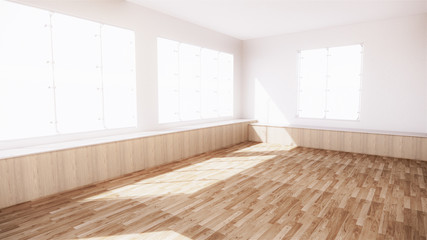 large room, wide open Clean white wall and wood grain floor with sun light into the room.3D rendering
