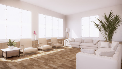 A living room with a sofa in a minimalist style White tropical style living room with wood grain floor..3D rendering