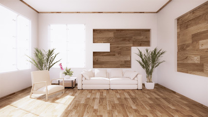 A living room with a sofa in a minimalist style White tropical style living room with wood grain floor..3D rendering