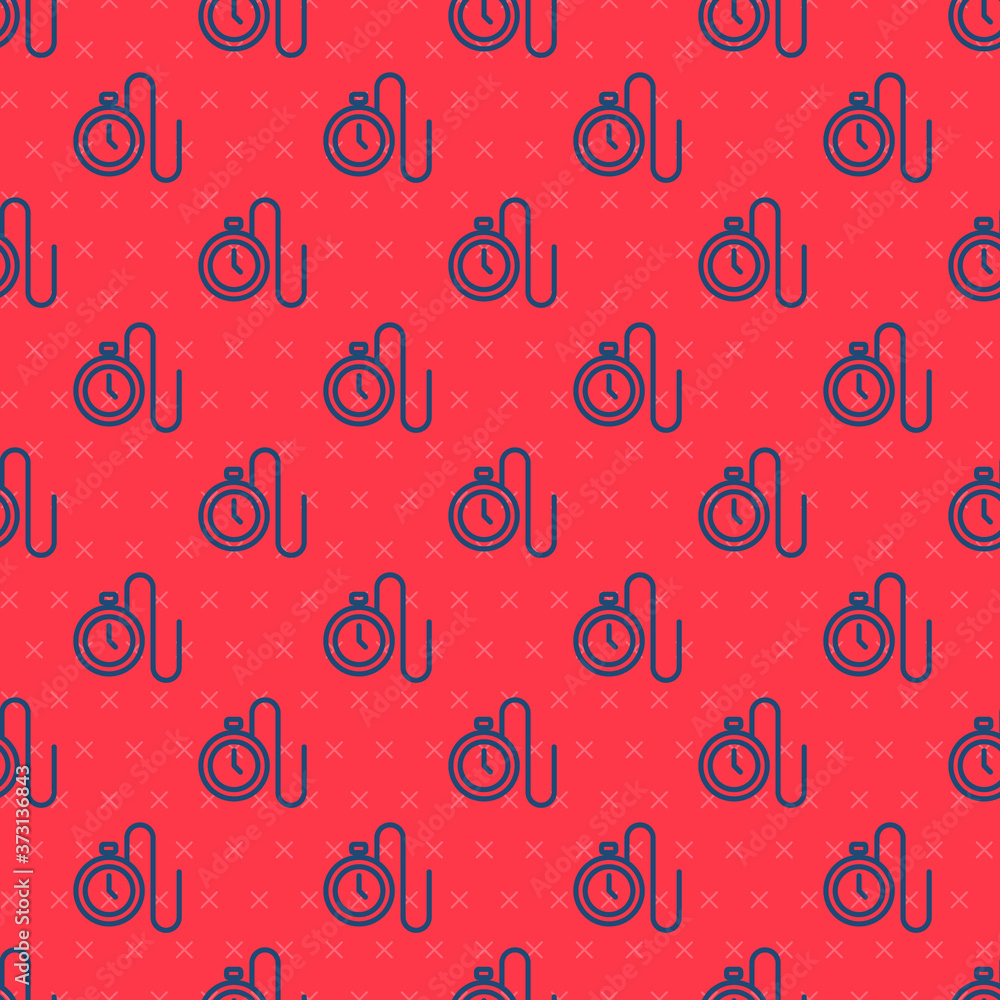 Poster blue line watch with a chain icon isolated seamless pattern on red background. vector.