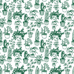 Seamless pattern of plants in scandinavian style. Urban jungle flowers in pots for home and office garden and decoration. Minimalist interior design.  Hand drawn, doodle vector illustration