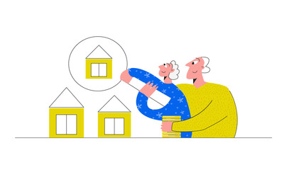 Seniors couple buying a home. Elderly man and woman are choosing a house. Investing money in real estate. Flat vector cartoon illustration isolated on white background 