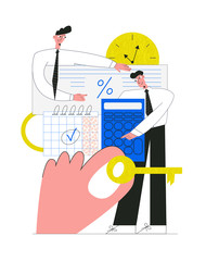Obraz premium House mortgage concept. Steps to get a bank loan to buy a home, property. House loan or money investment to real estate. Man calculates home mortgage rate. Flat vector illustration with character 