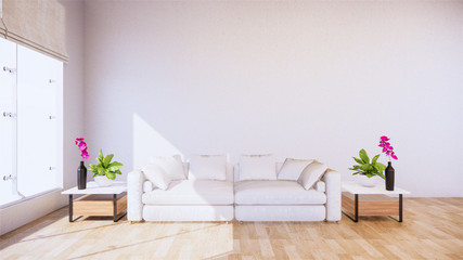 A living room with a sofa in a minimalist style White tropical style living room with wood grain floor..3D rendering