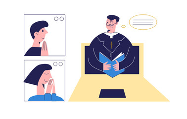 Pastor with bible conducts church services online.  A group of people with pastor praying online.  Church and liturgy concept. People praying with video conference. Flat vector illustration 