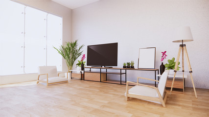 Armchair and tv cabinet on room white wall, minimalist and zen interior.3d rendering