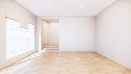large room, wide open Clean white wall and wood grain floor with sun light into the room.3D rendering