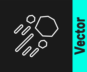 White line Flying stone icon isolated on black background. Vector.