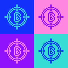 Pop art line Bitcoin in the target icon isolated on color background. Investment target icon. Vector.