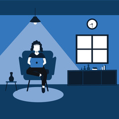 enjoying holiday with his laptop, a woman sit on his favorite sofa at home - two tone flat cartoons illustrations