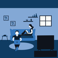 Fototapeta na wymiar a man surfing internet with his laptop and a woman reading a book - two tone flat cartoons illustrations