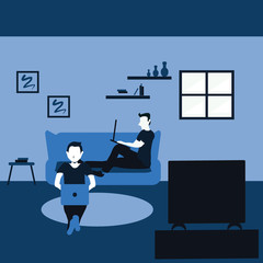 two man casually sit on in his favorite living room learning and watching a television - two tone flat cartoons illustrations