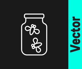 White line Fireflies bugs in a jar icon isolated on black background. Vector.
