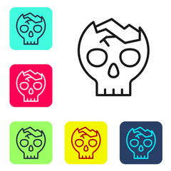 Black line Broken human skull icon isolated on white background. Set icons in color square buttons. Vector.