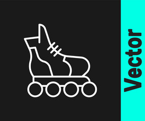 White line Roller skate icon isolated on black background. Vector.