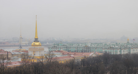 Panorama of the city of St. Petersburg. Winter in St. Petersburg. View of the winter palace and building of the main admiralty.