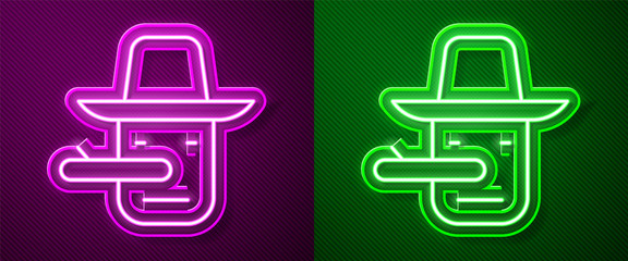Glowing neon line Pinocchio icon isolated on purple and green background. Vector.