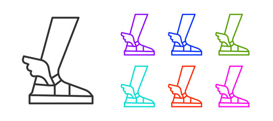 Obraz premium Black line Hermes sandal icon isolated on white background. Ancient greek god Hermes. Running shoe with wings. Set icons colorful. Vector.