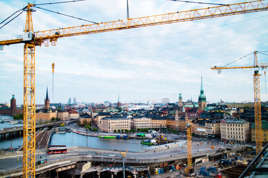 Stockholm Slussen construction site with cranes