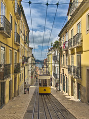 Bica tram, Funicular, Lisbon, Portugal - Traditional yellow tram in Lisbon, Portugal