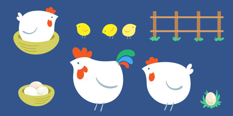 Chicken family. Cockerel, chicken and chicks. Set of elements on a classic blue  background. In cartoon simple style. Vector flat illustration.