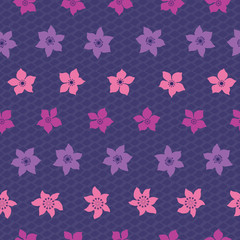 Tropical silhouette flowers vector repeat pattern with spotty circles. Pattern for fabric, backgrounds, wrapping, textile, wallpaper, apparel. Vector illustration