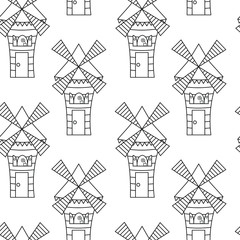 Seamless pattern with mills. Black and white vector illustration in a cartoon style for a coloring book.