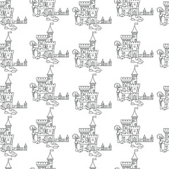 Seamless pattern with castle, black and white vector illustration in a cartoon style for a coloring book.