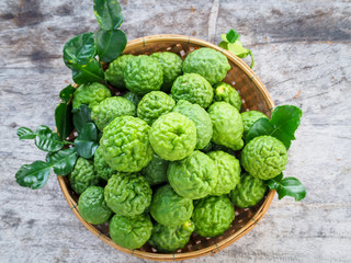 Close up bergamot on wooden table background, also for hair shampoo or conditioner treatment. Kaffir lime top view 