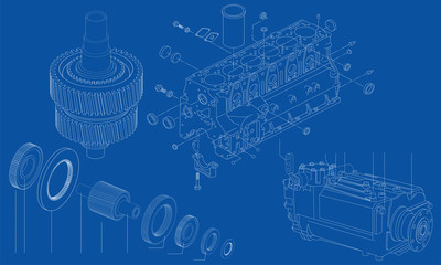 Engineering, mechanical drawing with elements of mechanical spare parts
