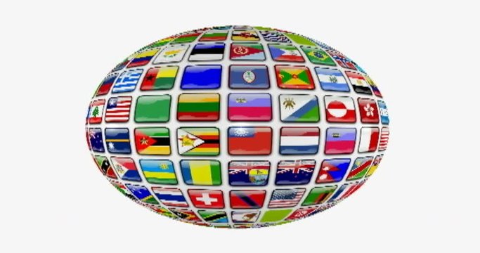World globe with all the flags of the earth rotates around its axis