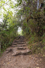 Fototapeta na wymiar Hiking trail from Machu Picchu ruins to top of the mountain