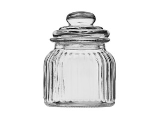Glass jar, sugar bowl, closed with a glass lid. Isolated on a white background