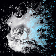 dramatic splash effect single white rose floral art with blue highlights on a black background