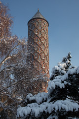 Snow covered minaret in Erzurum medrese, Turkey