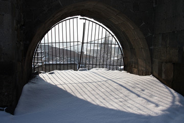 Barred entrance to Erzurum Citadel in winter, Turkey