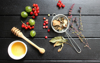 tea made from natural ingredients. berries, thyme, lemon balm.