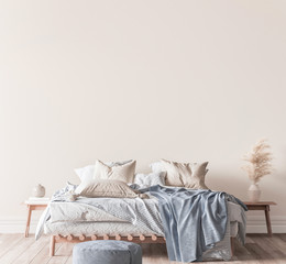 Beige and blue bedroom interior background, 3d render