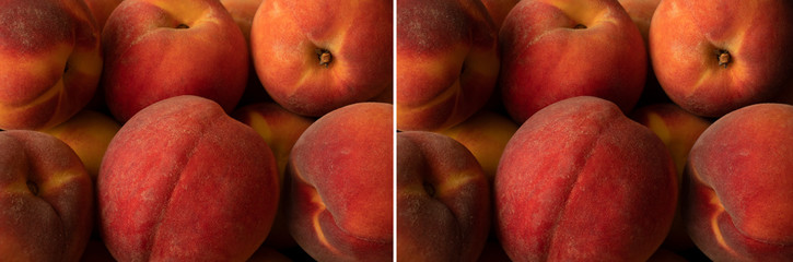 six fresh peaches close up in different lights