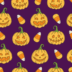 Seamless pattern with Halloween colored Pumpkin Jack and candy corn in sketch style . Festive texture for packages, backgrounds, web pages