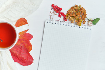 Top view autumn concept with wooden background and notepad for copy space