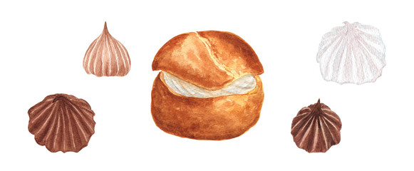 Watercolor illustration of the profiterole and meringues on a white isolated background. Delicious and cute set for designs. 