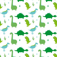 Flat pattern with cute dinos. Cute dinosaurs isolated on white background. Kids illustration. Funny cartoon dino and prehistoric elements. Children design