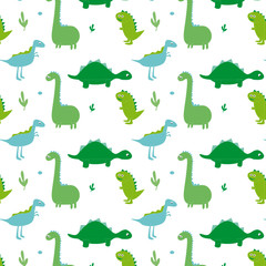 Flat pattern with cute dinos. Cute dinosaurs isolated on white background. Kids illustration. Funny cartoon dino and prehistoric elements. Children design