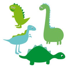 Set of colorful dinosaurs in beautiful style on white background. Cute cartoon dino design. Happy smile set . Internet concept. Cartoon style, flat isolated . Cute character design. Children art