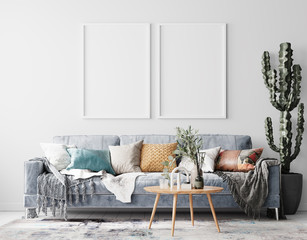 Modern Interior Living Room Poster Frame Mockup - 3d Illustration, 3d Rendering
