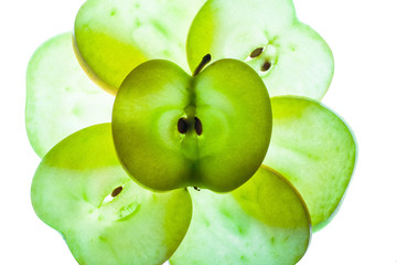 Slices of apple at the backlight isolated on a white background, macro photo